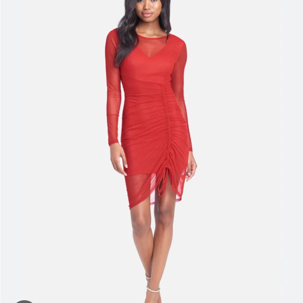 Bebe Long Sleeve Mesh Ruched Dress - Red / XL - with tags